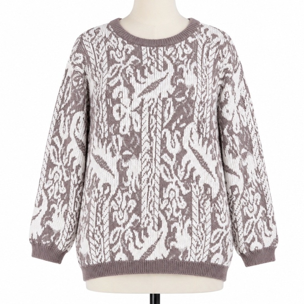 Vintage Albee Abstract Floral Jacquard Sweater Womens Medium Taupe Ivory Knit
